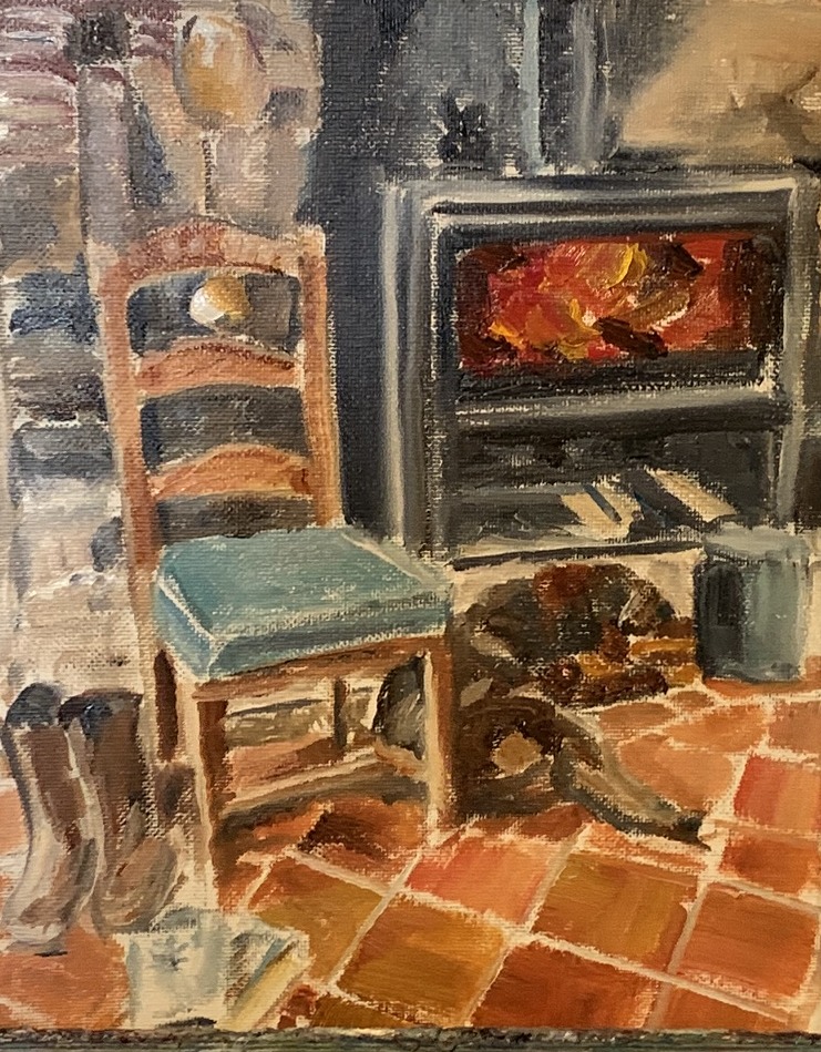 By the Fireside — original oil painting of the wood stove and chair at Château de Séailles